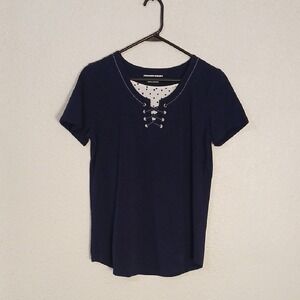 Allison Daley Navy Lace-Up Short Sleeve Tee